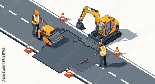 Road construction workers with heavy machinery, paving asphalt with a roller and excavator