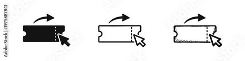 Online ticket or coupon click icon set, available in solid, outline, and hand-drawn styles, for digital purchases and events.