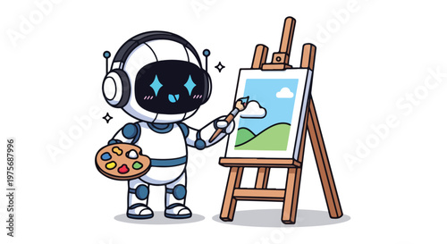 Cute robot character painting a landscape on an easel with a paintbrush and colorful palette in a playful art scene