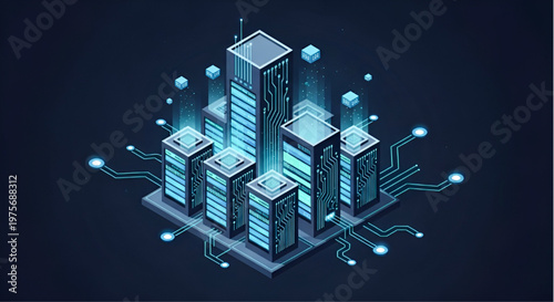Isometric Data Center Server Farm with Glowing Digital Information Glow and Network Circuits