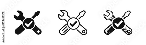 Service Complete Icon Set with Wrench, Screwdriver, and Checkmark in Different Styles