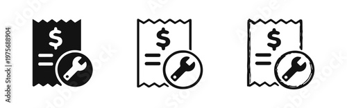 Service Bill and Repair Cost Icon Set with Receipt, Dollar Sign, and Wrench