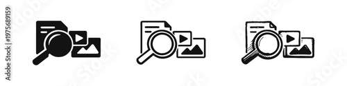 Document and Media Search Icon Set with Magnifying Glass, Files, and Images