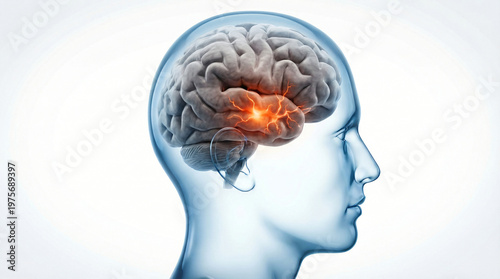 Human brain inflammation highlighted in head profile, neurological disorder concept
