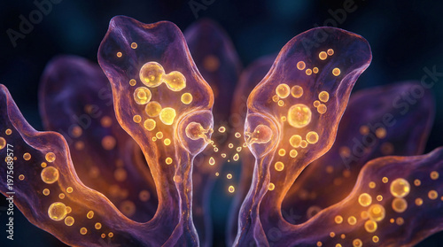 Microscopic plant gland cells secreting vesicles, vibrant cellular biology visualization