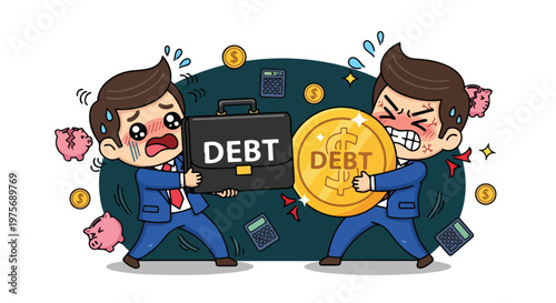 Two cartoon businessmen in suits holding large gold coins with debt symbols and money bags representing financial debt