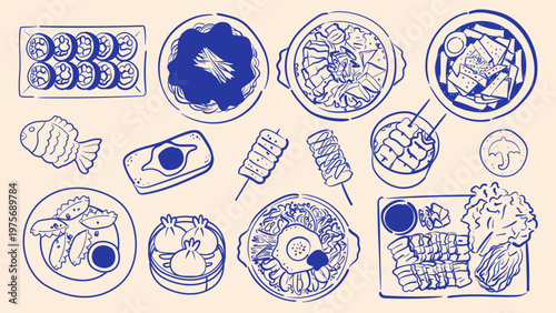 Big set of korean food and street food in ink line art style. Vector doodle illustration of bibimbap, kimbap, tteokbokki, ramen, mandu dumplings and kimchi isolated for restaurant menu design.