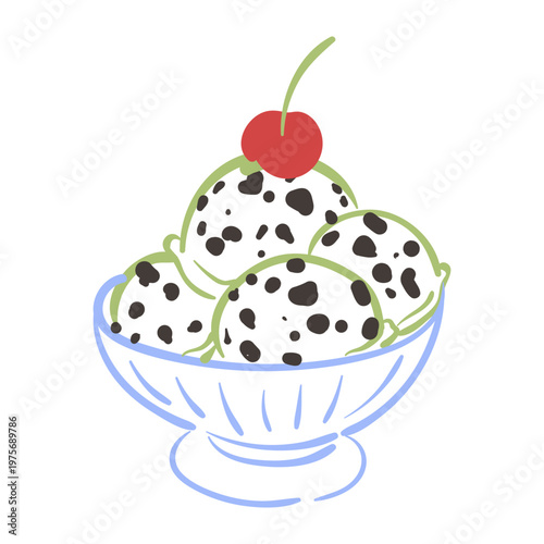 Hand drawn chocolate chip ice cream in blue glass bowl with cherry on top. Vector doodle illustration of sweet vanilla sundae isolated on white background for summer cafe menu or birthday branding.