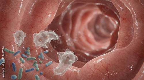 Intestinal parasites and bacteria in human gut, digestive infection concept