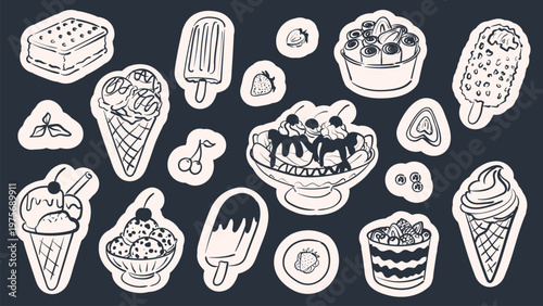 Big sticker set of ice cream and frozen desserts in ink line art style. Vector doodle illustration of sundae, gelato cones, popsicle, and fruit parfaits isolated for cafe menu design.