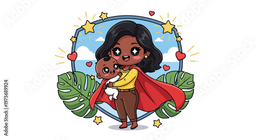 Cute cartoon girl with dark skin and black hair wearing a red cape and yellow shirt sitting on a cloud surrounded