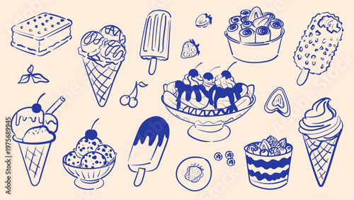 Big set of ice cream and frozen desserts in ink line art style. Vector doodle illustration of sundae, gelato cones, popsicle, and fruit parfaits isolated for cafe menu design.