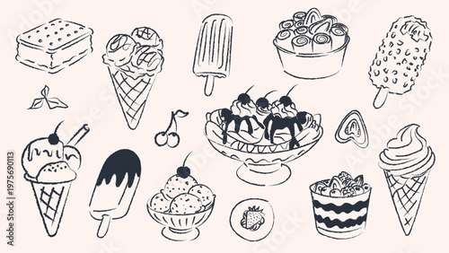 Big set of ice cream and frozen desserts in crayon line art style. Vector doodle illustration of sundae, gelato cones, popsicle, and fruit parfaits isolated for cafe menu design.