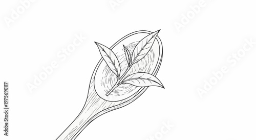 Detailed line art illustration of fresh tea leaves on a wooden spoon