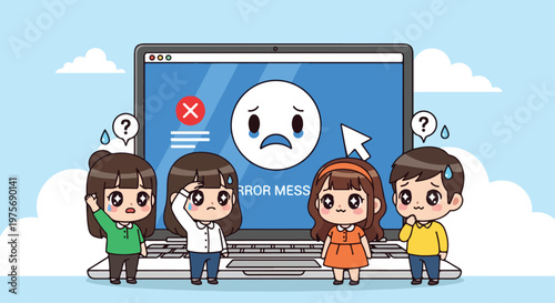 Group of diverse children standing in front of a large computer screen displaying a sad face error message and warning