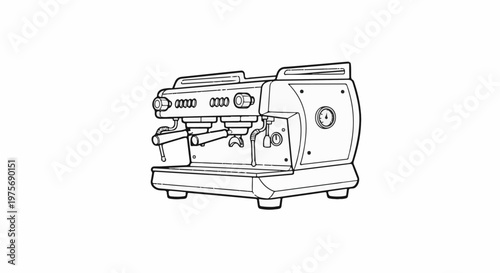 Detailed line art of a double-group professional espresso machine
