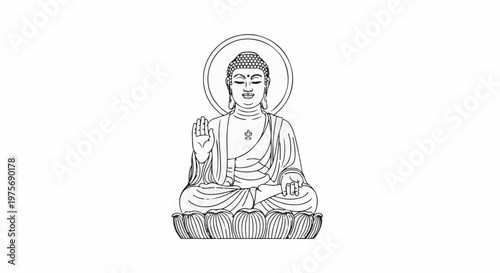Detailed line art of a seated Buddha figure with halo and lotus base