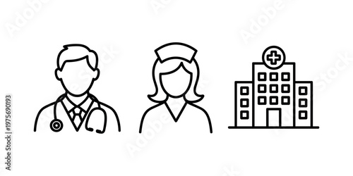 Doctor nurse and hospital building in black outline on white background 