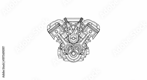 Detailed line art of a V-twin engine with pistons, gears, and gauges