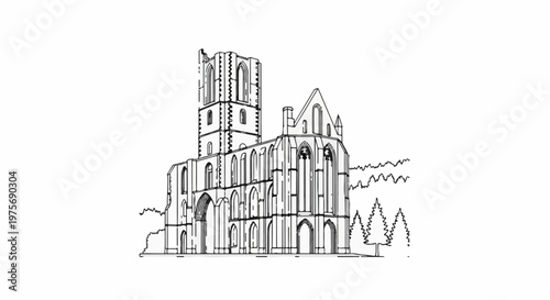 Detailed line art sketch of a large, ancient gothic abbey ruin with a tower and trees
