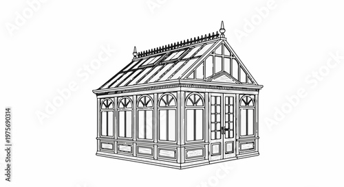 Detailed line art sketch of a Victorian-style glass house with arched windows and peaked roof