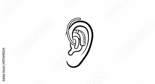 Detailed line drawing of a behind-the-ear hearing device fitted into a human ear