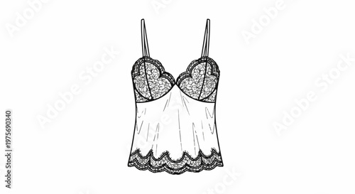 Detailed line drawing of a black lace camisole with spaghetti straps