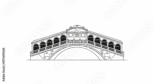 Detailed line drawing of a classic stone bridge with multiple arches and shops