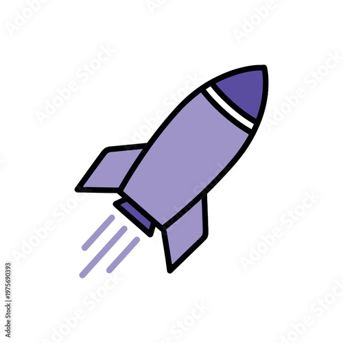 Purple cartoon rocket ship blasting off into the air with motion lines