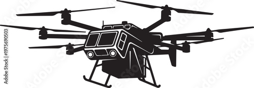 Black helicopter icon, drone silhouette, aircraft symbol, vector graphic