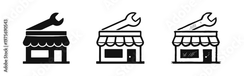 Service Store Building Icon Set with Wrench Symbol for Maintenance