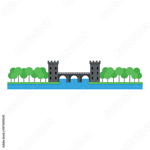 Medieval castle bridge over water with trees landscape
