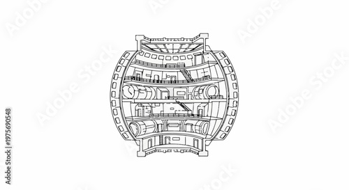 Detailed cross-section blueprint of a complex, multi-level, spherical structure