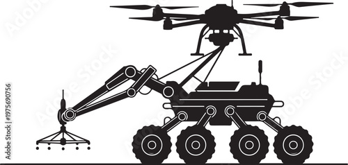 Robot Mars Rover, Space Exploration Vehicle, Black Vector Illustration, Robotic Arm, Drone