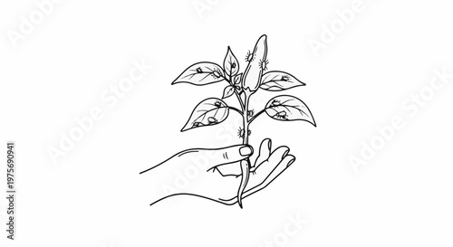 Delicate hand cradles a small plant infested with tiny pests