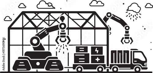 Industrial robotic arms loading cargo, warehouse logistics vector illustration