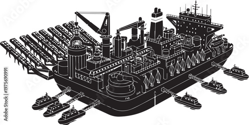 Industrial oil rig platform, offshore drilling station, black and white vector illustration, industrial shipyard