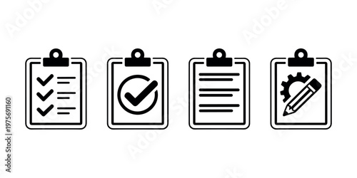 Four black of clipboards with different checklist and writing symbols on white background checkmark tick