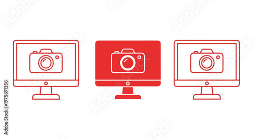 Three computer monitors with blank screens, one in red and two in white, arranged in a row on a white background
