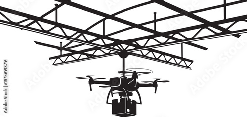 Drone, quadcopter, aerial vehicle, industrial design, black silhouette, metal structure