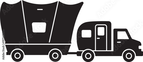Black, minimalist camper trailer, caravan, and truck vector icons, simple RV travel illustration