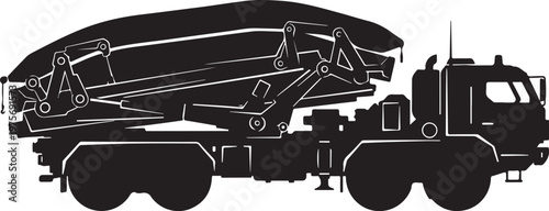 Black silhouette concrete mixer truck, construction vehicle icon, industrial transportation, cement mixer