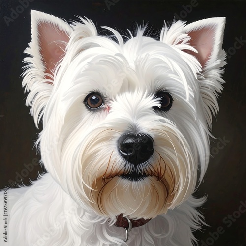 A white dog with a brown collar looks directly ahead