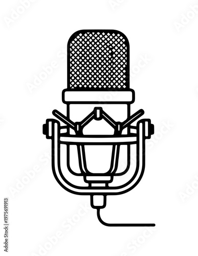 Detailed line art illustration of a professional condenser microphone with shock mount for studio recording and podcasting microphone condenser recording professional producer