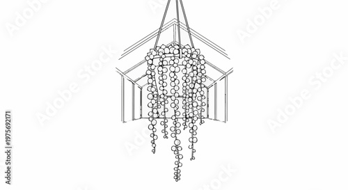 Delicate hanging light fixture with cascading beaded strands against a skeletal structure