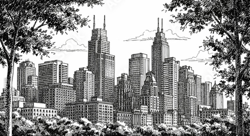 Black and White Sketch of a City Skyline with Trees in Foreground