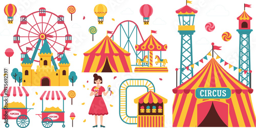 Circus Carnival Illustration Collection Featuring Big Top Tent Ferris Wheel Carousel Castle and Funfair Elements for Festival Entertainment Design Set