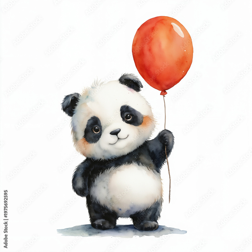 Obraz premium Cute Baby Panda with Orange Balloon Watercolor Illustration