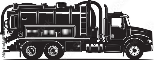 Black vacuum truck, industrial vehicle, suction truck, heavy equipment