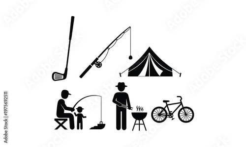 Father and child fishing, man grilling, bicycle, golf club, fishing rod, tent illustration vector.